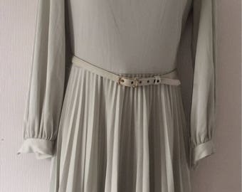 Vintage light green belted dress with pleated skirt size UK 12