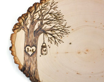 Country Mason Jar/Lantern Design: Wood slice rustic theme wedding guest books. Personalized