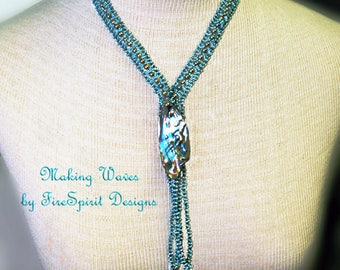 Making Waves- OOAK necklace- handmade necklace- beadwoven necklace-beadweaving- art to wear- abalone shell pendant necklace- gift for her