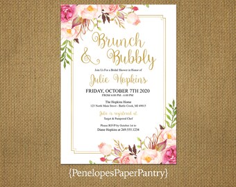 Floral Brunch and Bubbly Summer Bridal Shower Invitation,Pink,Blush,Roses,Gold Print,Shimmery,Personalize,Printed Invitation,Envelope