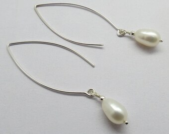 Earrings 925 Sterling Silver Pearls Smooth Drops 55mm Long