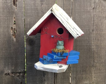 Red Birdhouse With Owl Knob, Functional Bird House For Garden Birds, Hanging Birdhouses, Red & White, Item #473974687