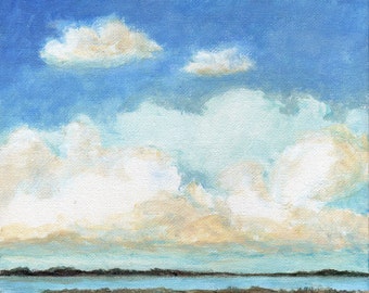 Original Landscape Painting Cloud Sea and Sky Calm Serene 8x8 Stretched Canvas Wetlands Ocean Beach