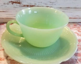Jadeite, Fire King, Anchor Hocking, Jadeite, jadite, Alice jadeite cup & saucer set. green jadeite milk glass, vintage made in the USA 1945