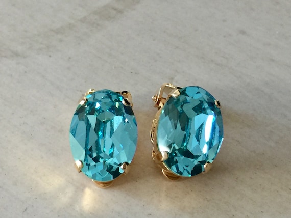 Oval Light Turquoise Swarovski Crystal Clip On Earrings, Yellow Gold