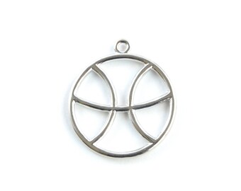 Large Pisces Charm, Silver Pisces Zodiac Pendant, Round Horoscope Charm (206S)