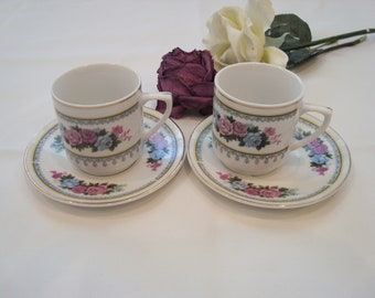 Vintage C. Art HK Demitasse small te cup and saucer. set of 2, made in China,floral rose with gold trim. circa 1970.