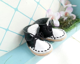 Mini Black And White Leather Lace Up Blythe Doll Boots Azone Pure Neemo M S