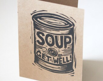Get Well Card - Hand Printed Linocut Letterpress Greeting Card - Soup Can - Greeting Card - Letterpress Card - Paper - Cards - Hand Printed