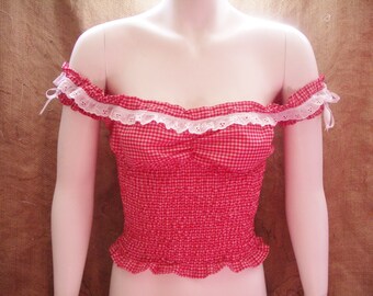 Cute,red check gingham off shoulder gypsy top with cherries! 1940's,1950's,Victorian,steampunk,burlesque,pin-up,prarie,Wild West,hillbilly!