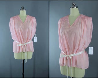 Vintage 1920s Silk Blouse / 20s Pastel Pink Tunic / Embroidered Accordion Pleated Blouse / Art Deco