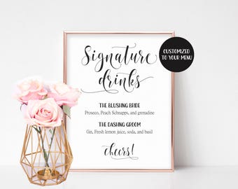 Signature Cocktail Sign, Bar Menu Printable, Reception Signs, Signature Drink Sign, Bachelorette Party Decor, Bridal Shower Sign, Wedding