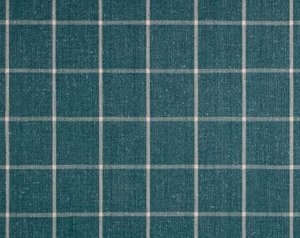 Two 96" x 50" Custom Curtain Panels - Plaid Check - Baltic Teal Blue