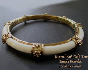 Bangle Bracelet * Enamel And Gold Tone * For Larger Wrist