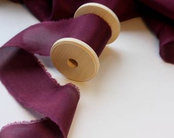 Burgundy Silk Ribbon / Burgundy Hand dyed silk ribbon / 2 yards /Bouquet Ribbon /Ribbon with Spool /Wedding Silk Ribbon, Bouquet Wrap, Gift