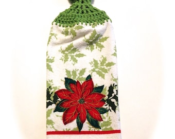 Poinsettia Hand Towel With Grass Green Crocheted Top