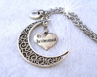 Bridesmaid Filigree Crescent Moon Necklace w-Letter Charm of Your Choice, Bridesmaid Gift, Wedding Gift, Bridesmaid Necklace, Love