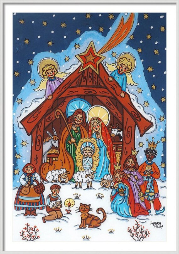 Items similar to Folk art nativity print Nativity painting Nativity