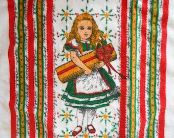 Vintage Alice In Christmas Land Towel Terry Cloth Kitchen Towel Holiday Decor Alice in Wonderland Layco 1980s Red White Green Joyeux Noel