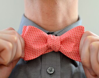 Men's Bow Tie in Coral - wedding groomsmen ties custom self tie freestyle adjustable checked crosshatch pink melon