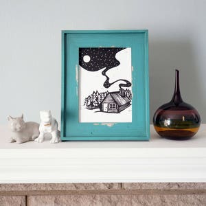 Cabin Dreaming. Woodcut featuring a Dreamy Night Cabin Nature Scene. Woodblock Print by DinoCat Studio