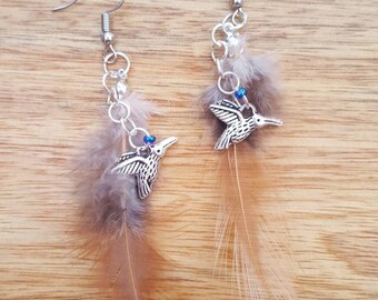 Bird with feather, dangle earrings