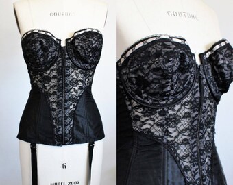Vintage 1960s Black Corset Bustier / Lady Marlene Bullet Bra 36C / Support Wear / Shapewear / Garters / Vintage Lingerie / Pinup / Pin up