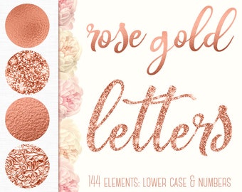 Rose gold alphabet clipart, Rose gold font, Lower case letters, Foil alphabet, Glitter Numbers, Rose gold letters, Wedding clipart, PNG