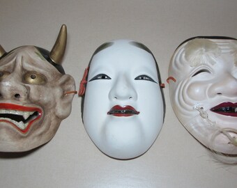 Antique Japanese Noh Mask, 1950s Cir. Artist Signed Noh Theater Mask, OKINA Old Man,KOOMOTE Woman,HANNYA Jealous Female Spirit, Mezuroi
