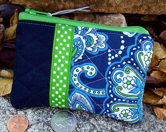 Quilted Coin Purse, Ladies Zipper Wallet, Navy Change Purse, Earbud Pouch, Zipper Pouch, credit card pouch