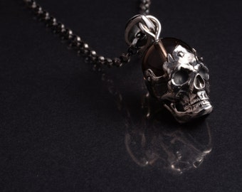 Sterling silver skull pendant and smokey quartz bead