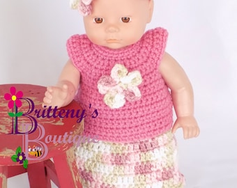 Baby Doll Clothes Crochet Baby Doll Clothes Set Crochet Baby Doll Pink Shirt Skirt Booties Headband Baby Doll Clothing 13 or 14 inch Size