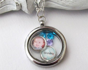 Grandma Necklace, Personalized Floating Locket, Photo Necklace, Gift For Grandma