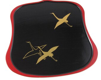 vintage lacquer tray - lacquerware tray - tray with cranes - japanese lacquer tray - japan lacquer tray - gold crane
