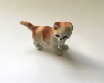 Vintage Cat Figurine/Bisque Bone China/Orange and White Tabby Cat Miniature Figurine