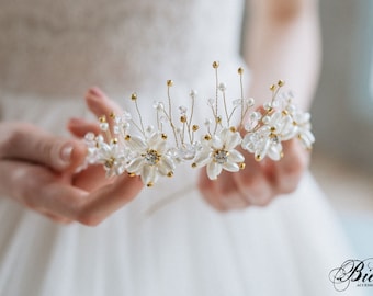 Bridal Crown, Wedding Diadem, Bohemian Hairpiece, Crystal Bridal Tiara, Wedding Pearl Headband, Pearl Headband, Wedding Tiara- ELYSIA