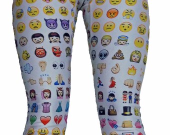 Youth Emoji Leggings on White Background, Girls Leggings, Printed Leggings, Yoga Pants, Running Pants, Exercise Pants