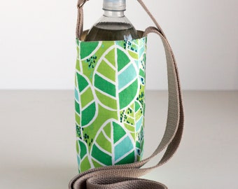 Leaves Water Bottle Holder, Green Water Bottle Sling, Crossbody, Green, Blue, Tan, and White Cotton Fabrics, Handmade