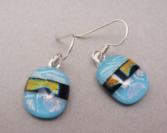 Turquoise oval Dichroic Glass Earrings three dichroic patterns Sterling silver ear wires Fused Glass jewelry Earrings Dangle drop earrings