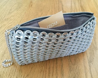 Soda Tab / Pop Tab Handmade Gray Crochet Clutch with Wristlet Chain - Soda Tab Purse, Zipper Clutch