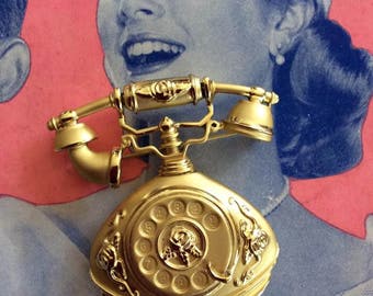 Vintage 1980s 1990s Brooch Pin LARGE Old Fashioned Telephone Gold Tone