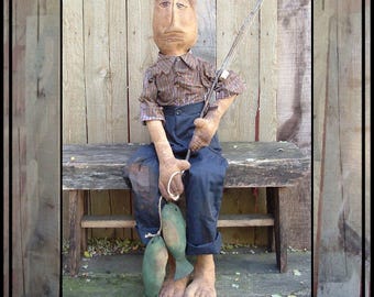 INSTANT DOWNLOAD Pattern Large Primitive folk art rag doll stitched fingers, big feet fish PDF Epattern hafair ofg faap 375