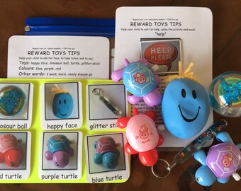 Fidget toys, mixed bag, including wind-up toys, glitter ball, glitter stick, and squeezy ball, to use with PECS