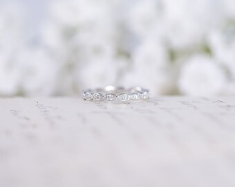 Art Deco Wedding Band - Full Eternity Ring - Stacking Ring - Marquise Ring - Dainty Band - Thin Ring - Sterling Silver