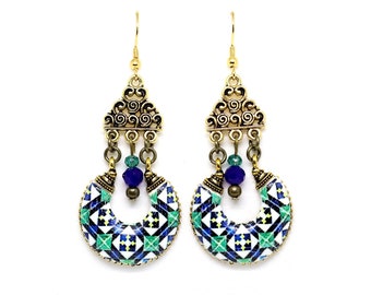 Chandelier antique earrings, portuguese statement gold earrings, tile earrings, azulejo, unique dangle earrings, anniversary gifts for women