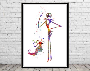 The Nightmare Before Christmas inspired, Jack and Zero, Watercolor print,Nursery art, Kids Room Decor, Poster, print(1827b)