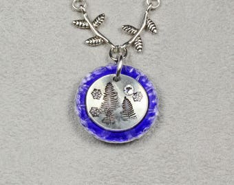 Pine Trees and Snowflakes Necklace - Pine Tree Necklace - Blue and Silver Necklace - Metalwork Necklace - Stamped Necklace - Pine Forest