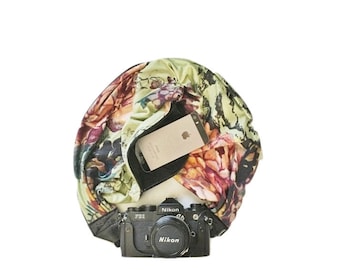 Stretchy Reversible Black And Floral Print - The Original Camera Scarf Strap With Pocket