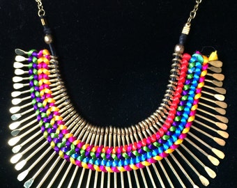 Gold Fringe Necklace,Bib Necklace,Statement Jewelry,silk thread inlay,Summer Necklace by Taneesi