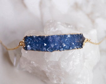 Blue Druzy Bar Necklace, Raw Stone Necklace, Quartz Druzy Necklace, Raw Crystal Necklace, Bohemian Style, Boho Necklace, Bar Necklace
